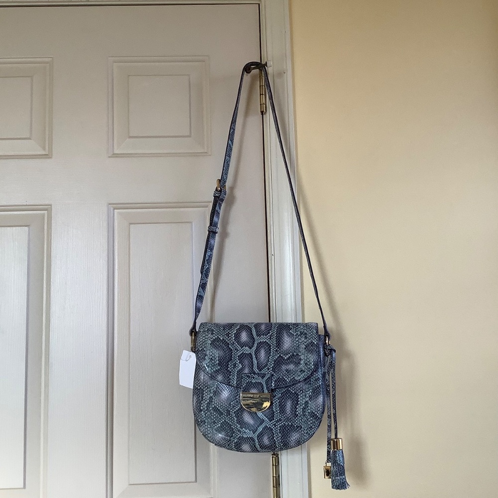 G.I.L.I Leather Printed Saddle Crossbody Bag Teal Cobra - Picture 4 of 16
